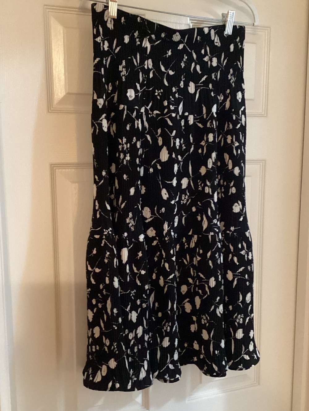 Alice Blue Black Skirt with White Floral Print - A-Line Midi